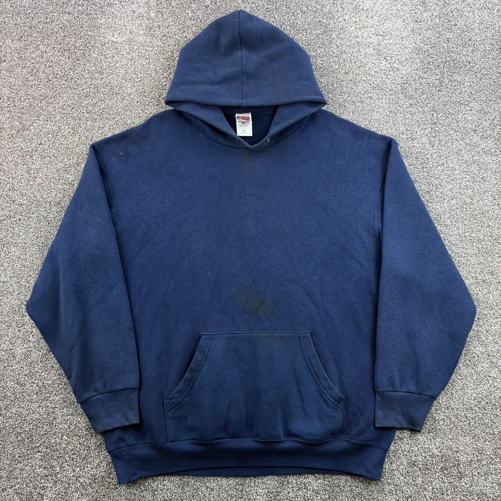 Vintage Fruit Of The Loom Blank Hoodie Mens XL Navy Blue Sweatshirt Pullover‎